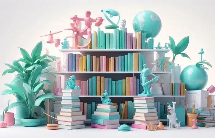 Bookshelves Decor 3D Design Illustration Art